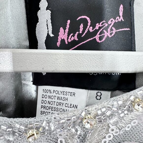 Mac Duggal Floral Embroidered Illusion Long Sleeve Gown Platinum Silver NWT 8 - Picture 8 of 12